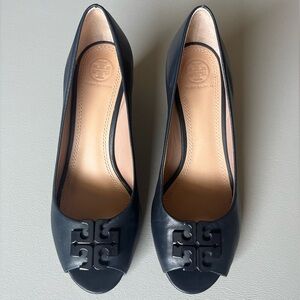 Tory Burch Lowell Peep Toe Wedge in Navy